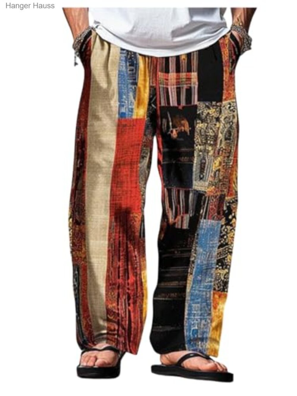 Men's Patchwork Print Wide Leg Casual Pants Drawstring Beach Hippie